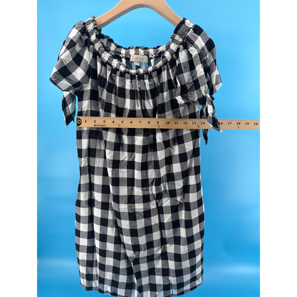 Loft Black White Buffalo Plaid Off Shoulder Tie Sleeve Top Blouse Medium - Picture 5 of 5